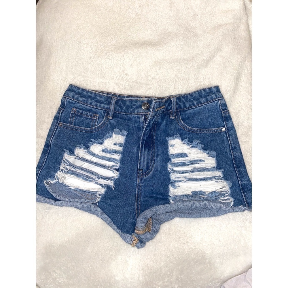 2/$25 Missguided Riot High Rise Ripped Denim Shorts - Picture 2 of 3